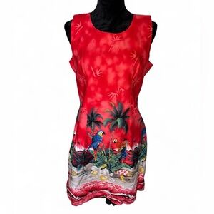 Vintage Ky’s Tropical Tiki Parrot Red Sleeveless Dress Size XL